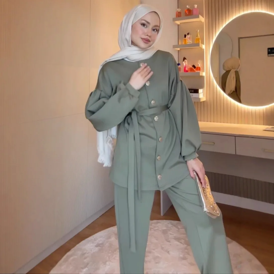 2025 Autumn New Round Neck Button Long Sleeve Top Wide Leg Pants Two Piece Set Women Multiple Colors Available