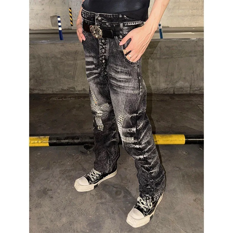 American High Street Style Men's Cross Jeans Summer Trendy Match All Micro Flare Pants Knife Blade Shape Button Casual Jeans