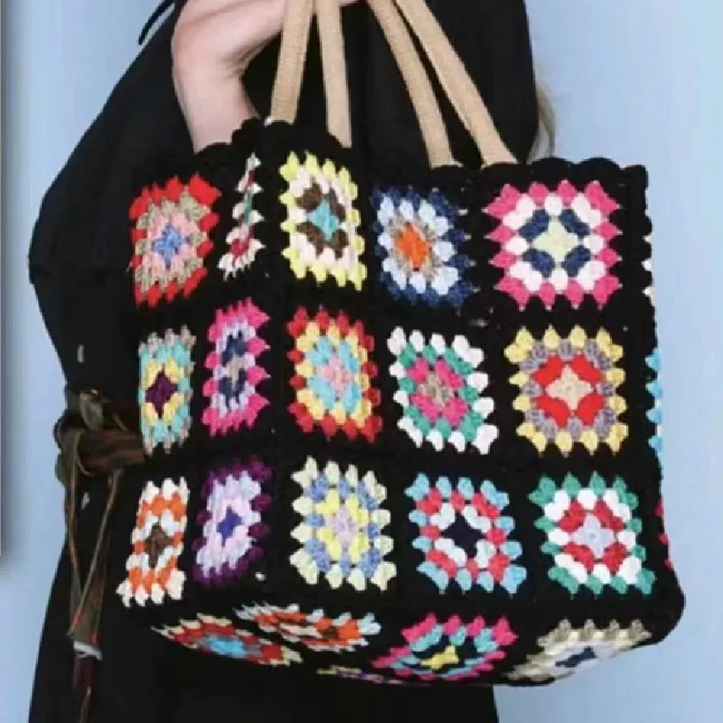 Handwoven women's handbags, shoulder bags, grandmother's plaid table splicing shopping bags, fashionable and generous