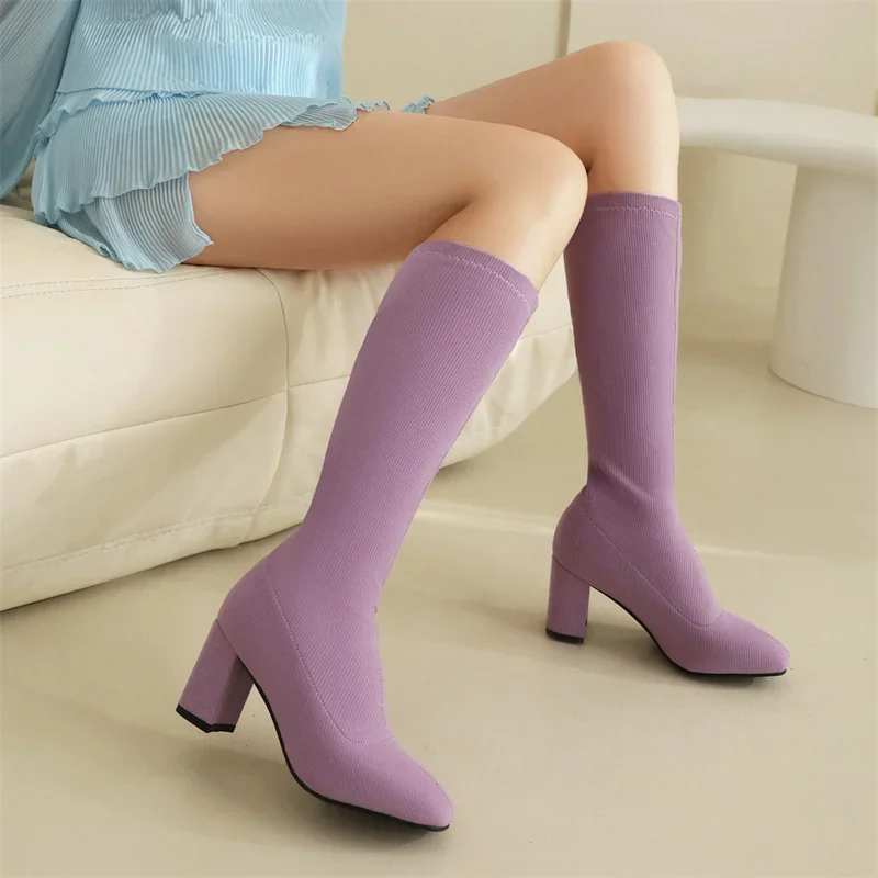 Green Rosy Women Stretch Knee High Boots High Block Heels Fall Winter Party Dress Lady Round Toe Slip-on Elastic Long Sock Boots