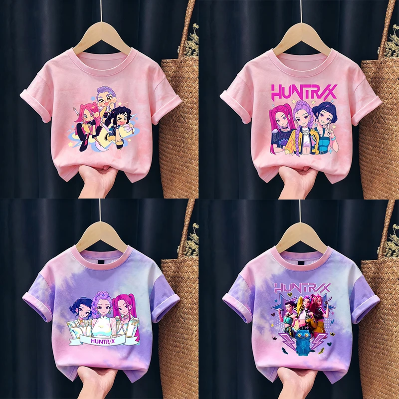 KPop Demon Hunters enfants T-shirt mignon imprimé figurines d'anime fille garçon à manches courtes enfant mode cravate colorant T-shirt maison vêtements haut cadeau