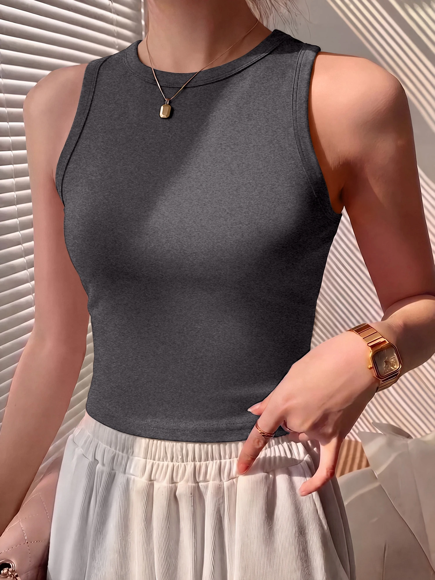 Women Round Neck Racerback Sleeveless Crop Top Solid Color Bodycon Tank Vest Summer Daily Slim Waist Shirts