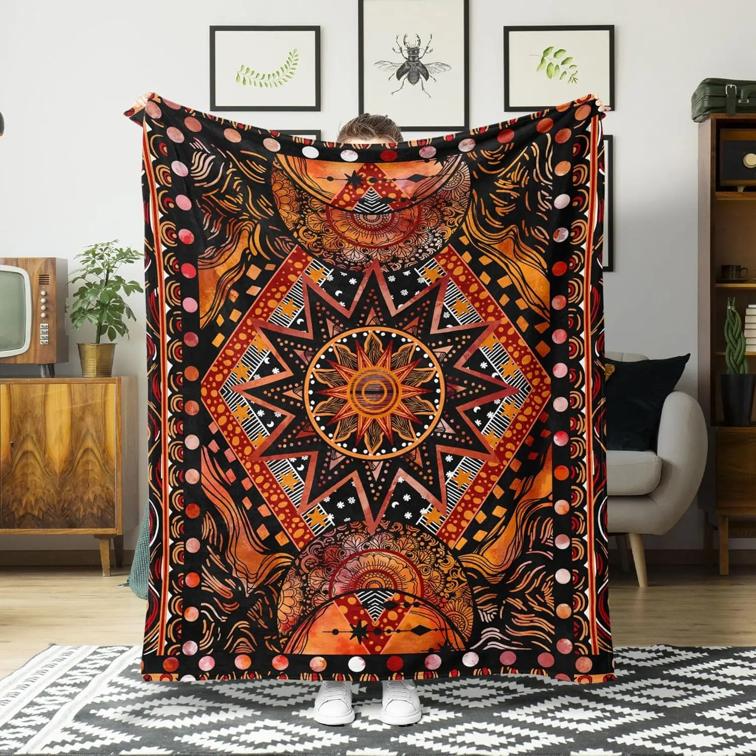Mandala blanket tribal pattern orange black design spiritual art boho decor home textile cozy throw meditative accessory