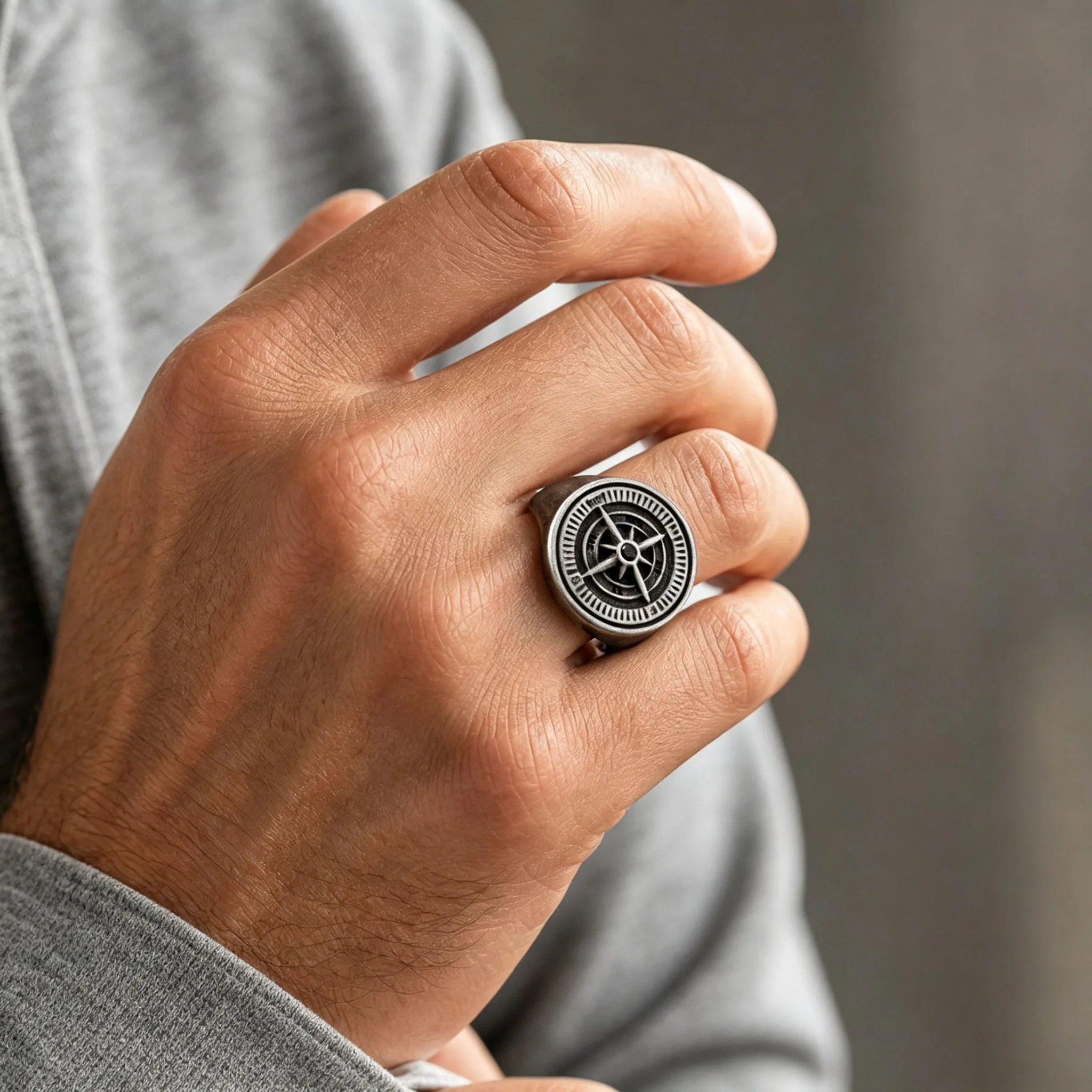 Vintage Edelstahl Kompass-Ring für Herren, Rock Punk Runder Siegelring Statement-Ring, Abschluss- und Geburtstagsgeschenk – Detail 6