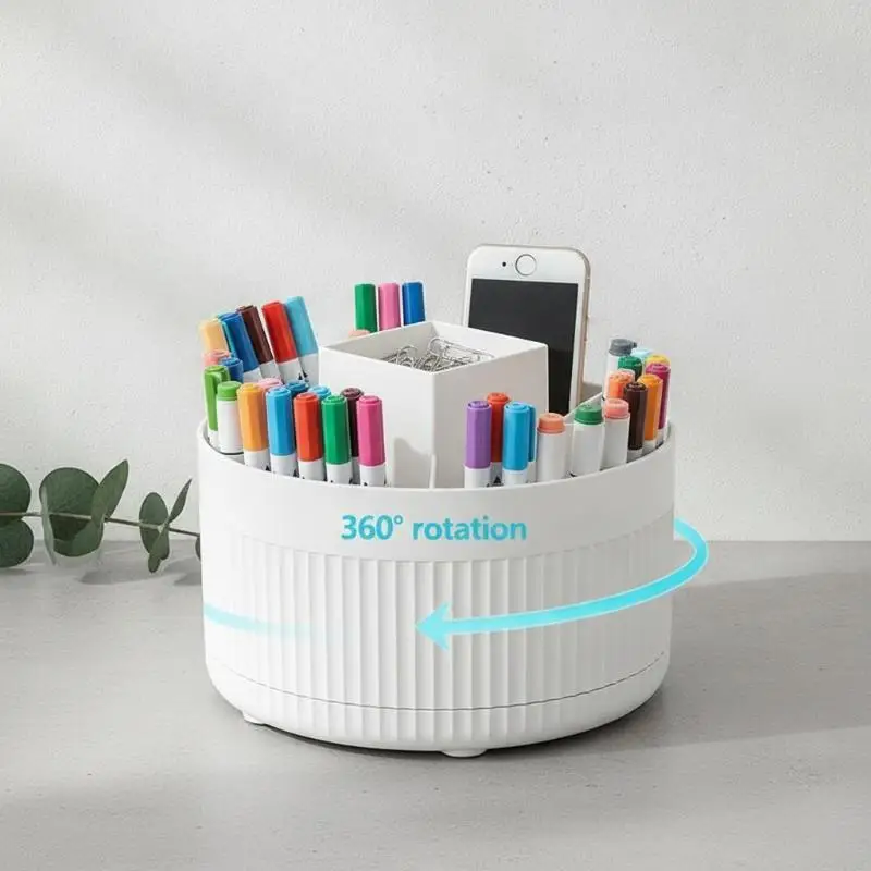 Dual Use 5 Slots 360 Rotating Plastic Pencil Cup Desk Pen Organizer for Home Office School Use Supply