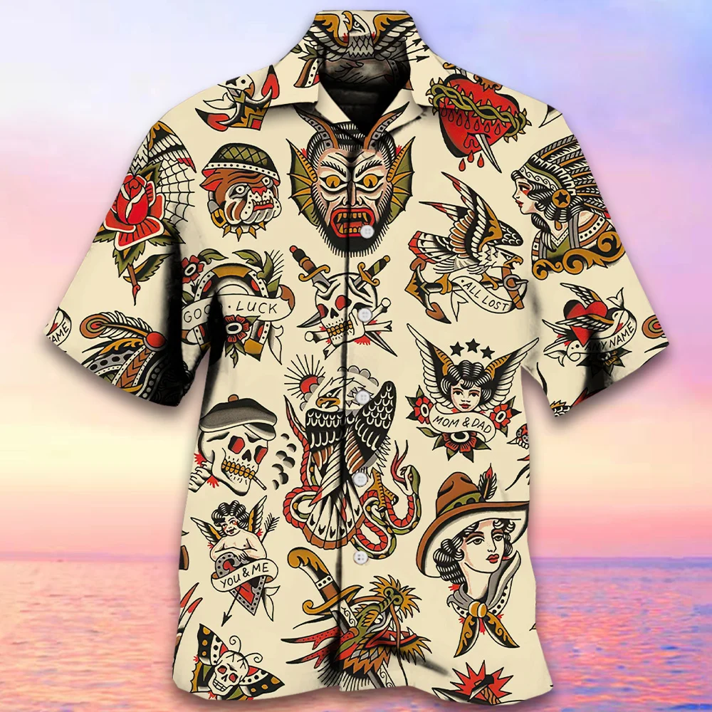 Retro Men\'s Shirt Fashion Skull Shirt For Men Hawaiian Shirts Man Casual Short Sleeve Oversized Shirts Summer New Male Clothing