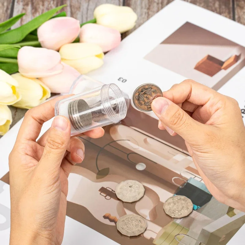 1 buah tabung koin bulat bening tabung koin plastik dengan tutup sekrup dan bantalan busa pelindung tahan guncangan untuk persediaan pengumpulan koin