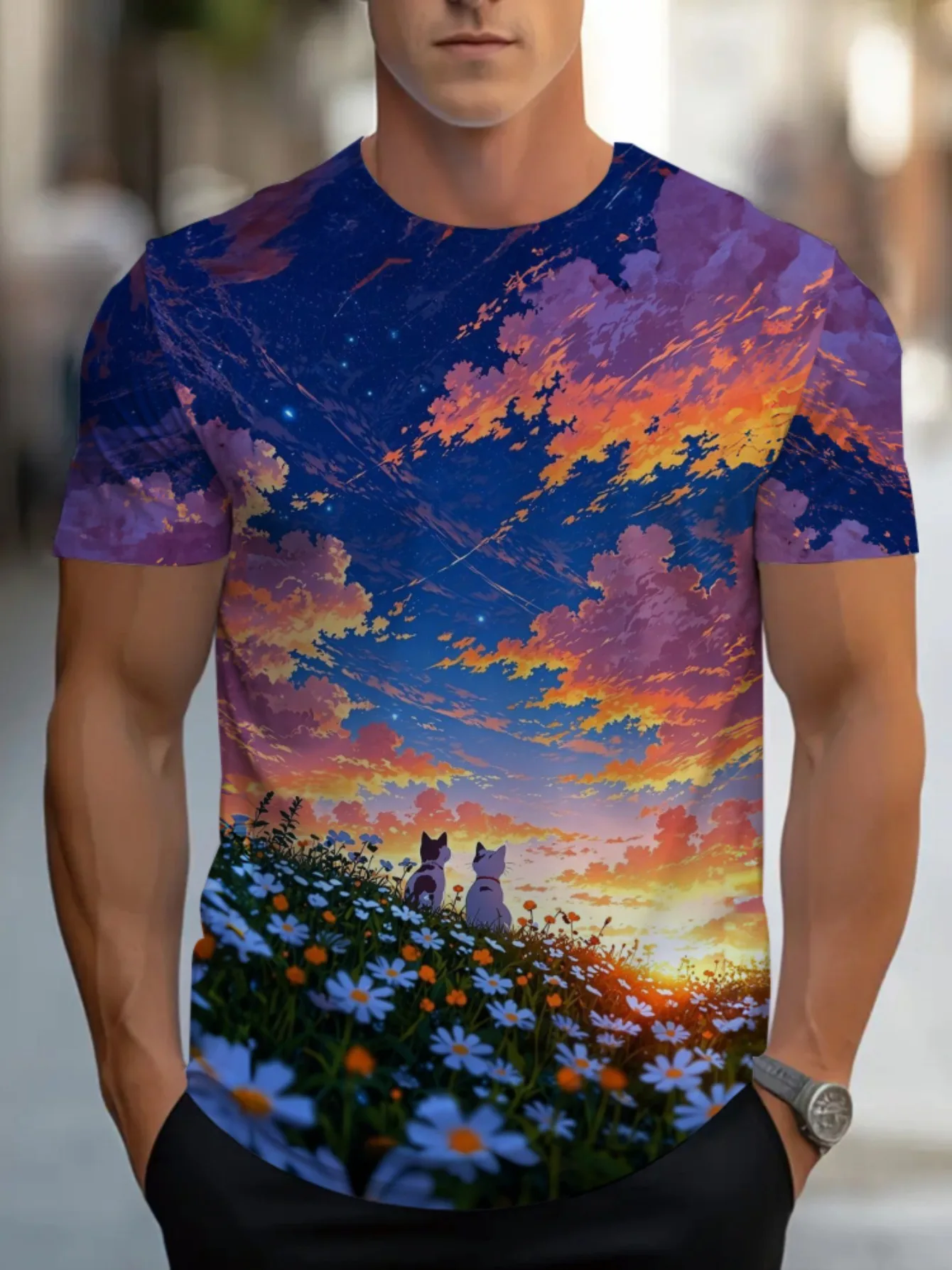 Men Two Cats Daisy Flower Field Colorful Sunset Starry Sky Landscape Print Short Sleeve Crew Neck Casual T-shirt
