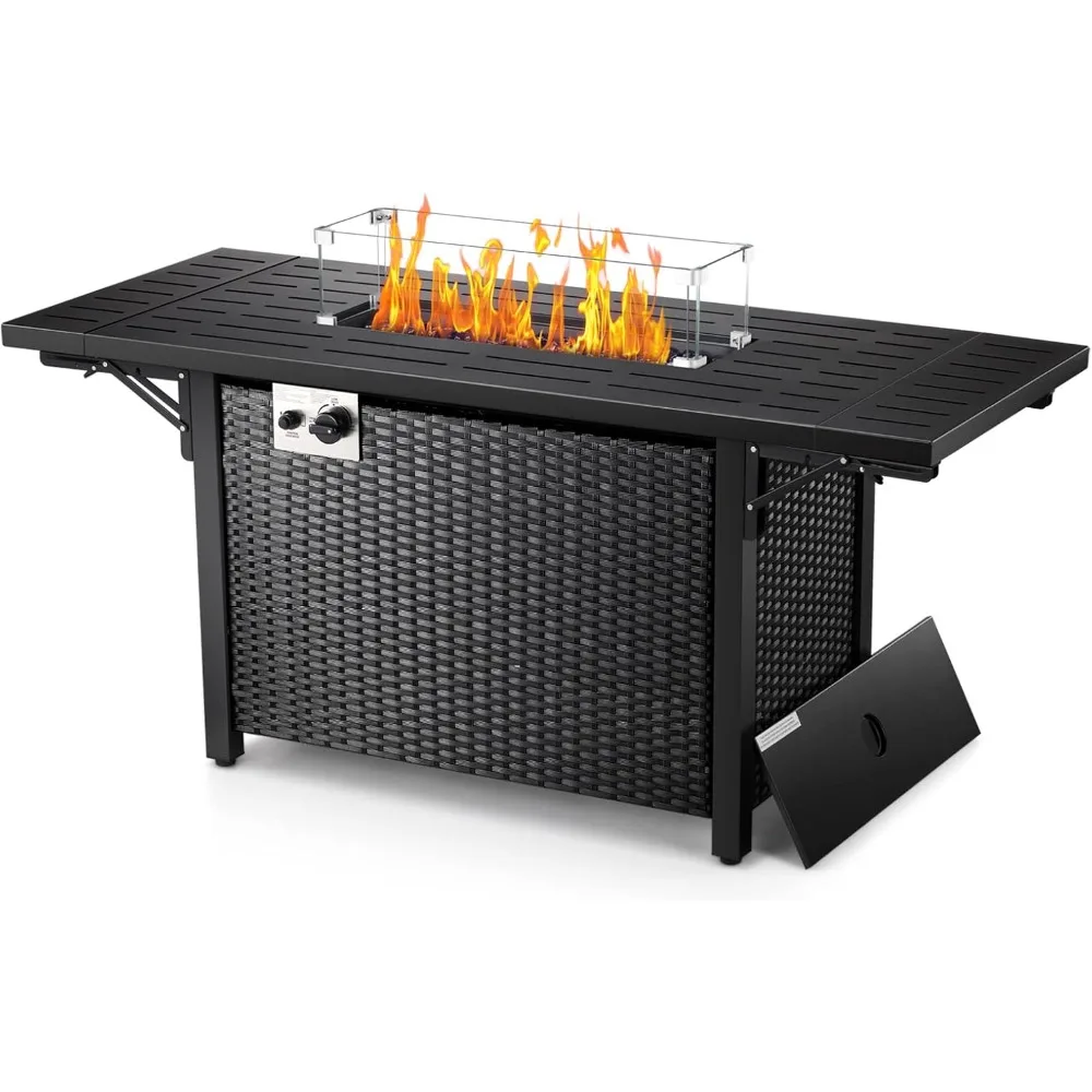 

55" Propane Fire Pit Table Outdoor Gas Fire Pit Table with Glass Stone 50000 BTU Imitation Rattan Weave Texture Fire Pit Table