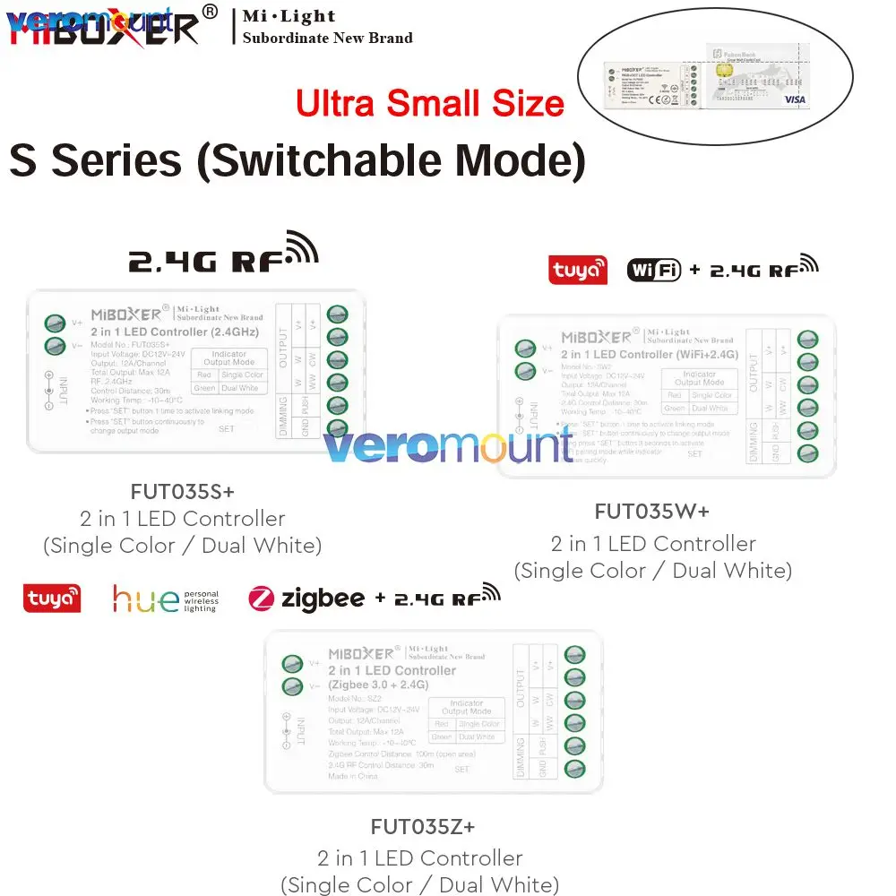MiBoxer 2.4G RF Wireless FUT035S+ WiFi FUT035W+ ZigBee FUT035Z+ 2 in 1 LED Controller for 12V 24V Single Color Dual White Strip