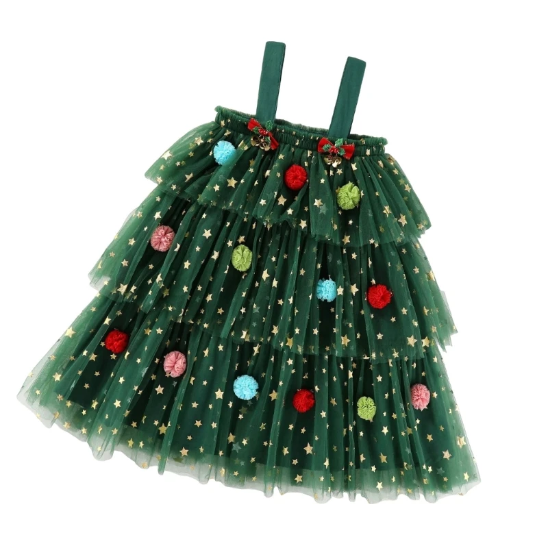 Christmas Tulle Sundress Themed Party Dress with Star Print and Plush Decors for Little Girls Ages 1 to 6 Years D5QF