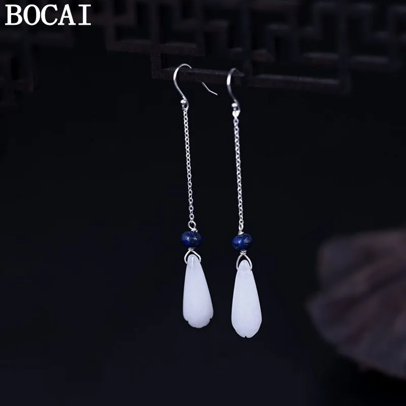 

BOCAI NEW S925 Silver Retro Minimalist Magnolia Flower Earrings