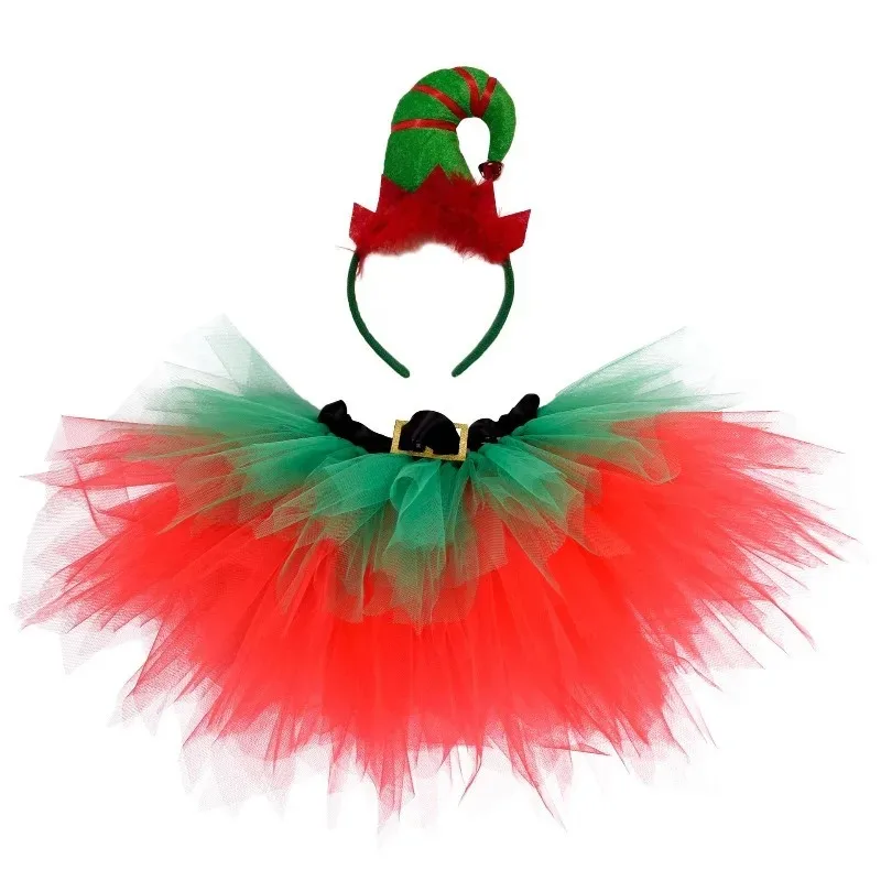 Kids Christmas Tutu Skirt Set with Headwear, Red and Green Tulle Midi Skirt for Christmas, Festive Party Tutu Dress for Children