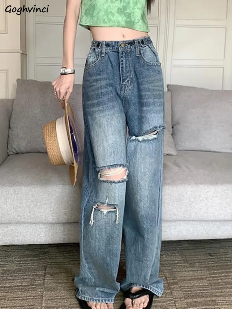 

Wide Leg Ripped Jeans Women Casual Simple Do Old High Waist Spring Harajuku Koreans Style College Streetwear Ins Chic All-match