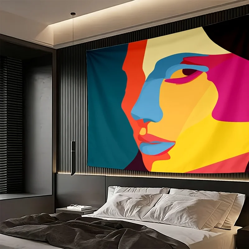 Vibrant Abstract Pop Art Woman Portrait Tapestry Modern Geometric Wall Hanging Polyester Decor Prints for Bohemian Living Room B