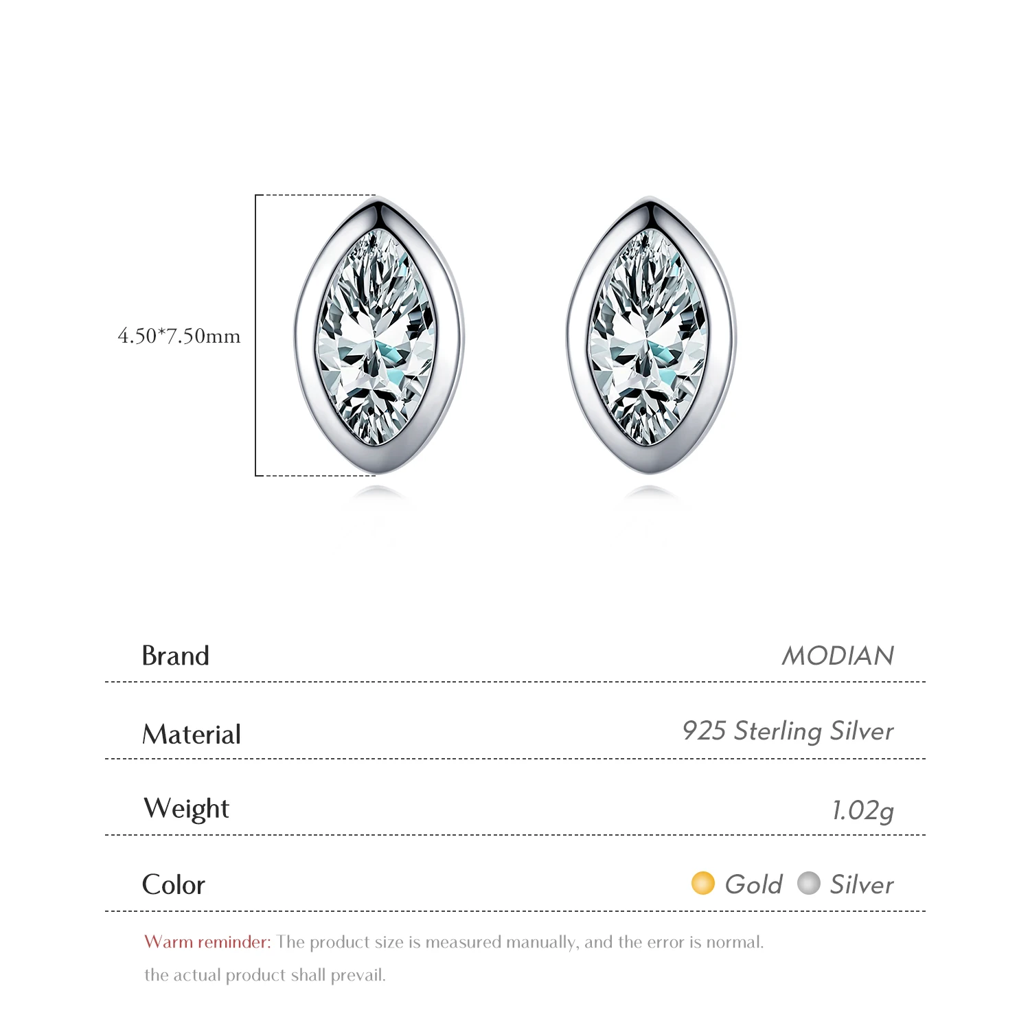 Modian Real 925 Sterling Silver Golden Rhombus Luxury CZ Gold Stud Earrings for Women Anniversary Gift Fine Ear bone Jewelry