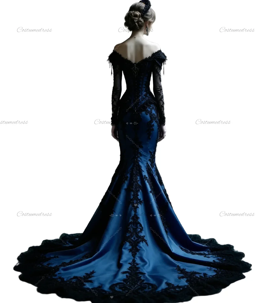 Gothic Midnight Blue Mermaid Wedding Dress With Black Lace Enchanting Long Sleeve Victorian Beach Bridal Gowns 2026 Colored