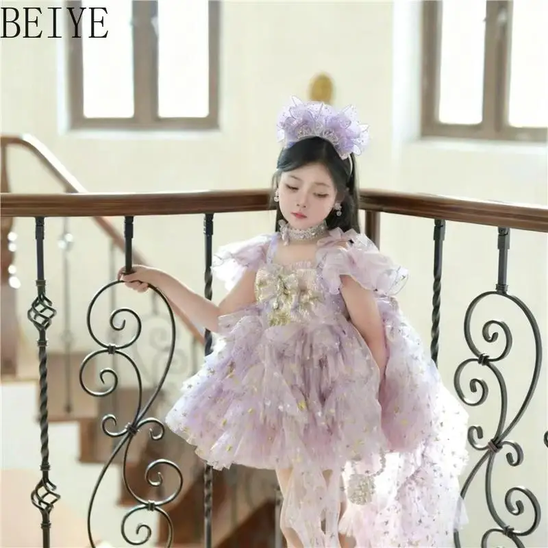Kids Pink Purple Star Mesh Dress Off Shoulder Strap Sequins Tutu Dress with Long Train Toddler Bow Tiered Ruffle Party Dress
