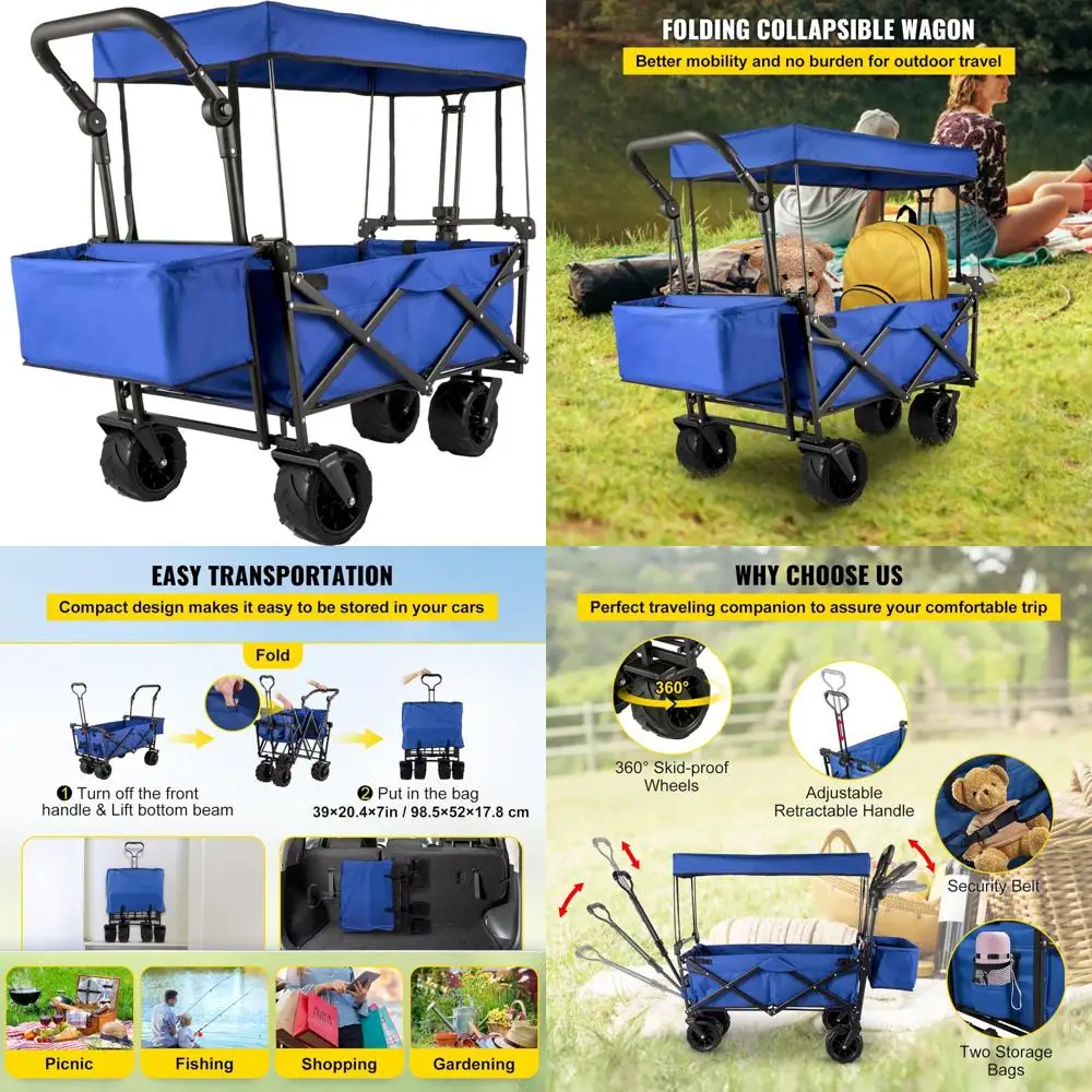 

Collapsible Heavy-Duty Beach Wagon with Removable Canopy, 220lbs Capacity, Foldable Big Wheels for Outdoor Adventures