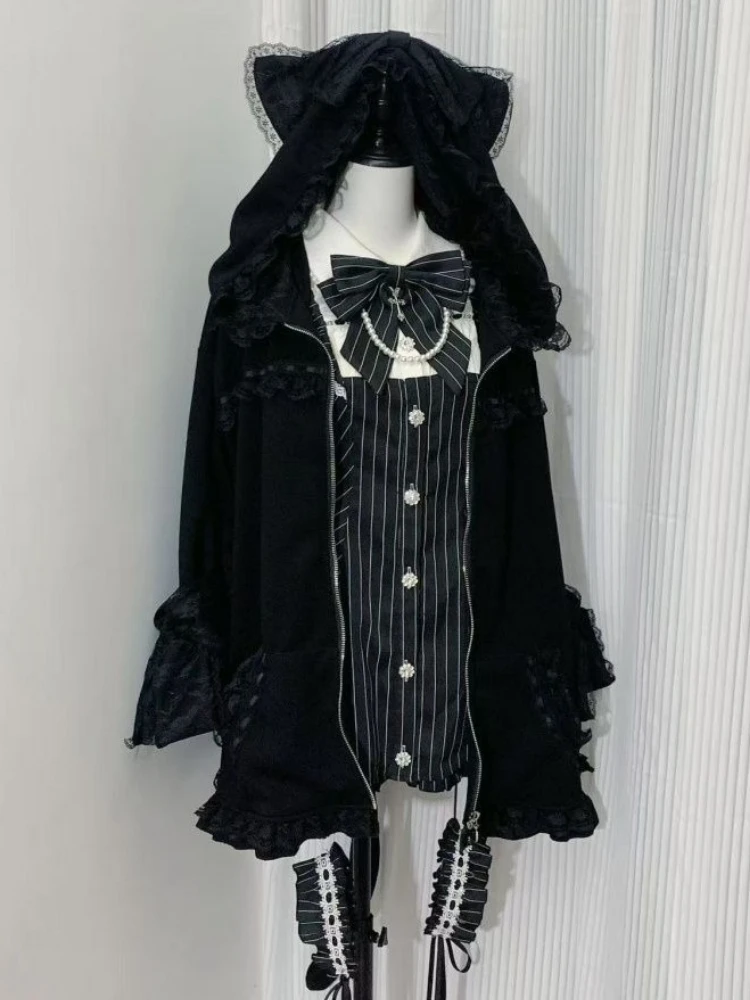 

Japanese Lace Patchwork Hooded Coats Women Harajuku Casual Flare Sleeve Jacket Streetwear Grunge Zipper Kawaii Cute Bow Jackets