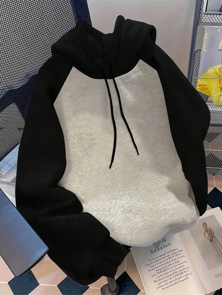 

Color Block Hoodie in Black and Heather Gray, Loose Fit with Drawstring Hood