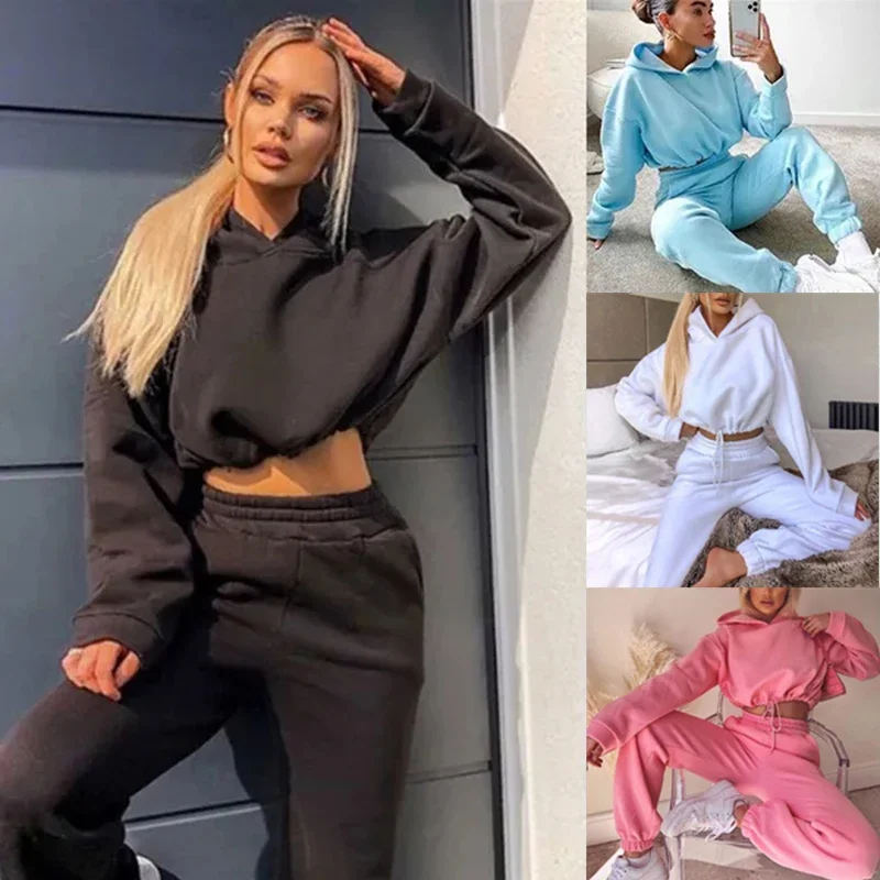 2024 Autumn Winter Women Sweatshirt Set Solid Color Casual Simple Hooded 2 Piece Outfit Set Fashion Gym Jogging  Woman Pant Sets