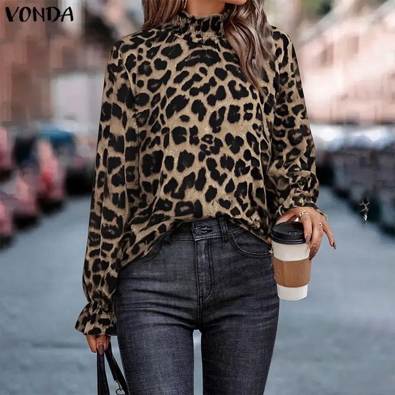 

Плюс размер 5XL VONDA модная блузка с леопардовым принтом женская с длинным рукавом воротник-стойка элегантные рубашки повседневные свободные топы уличная одежда