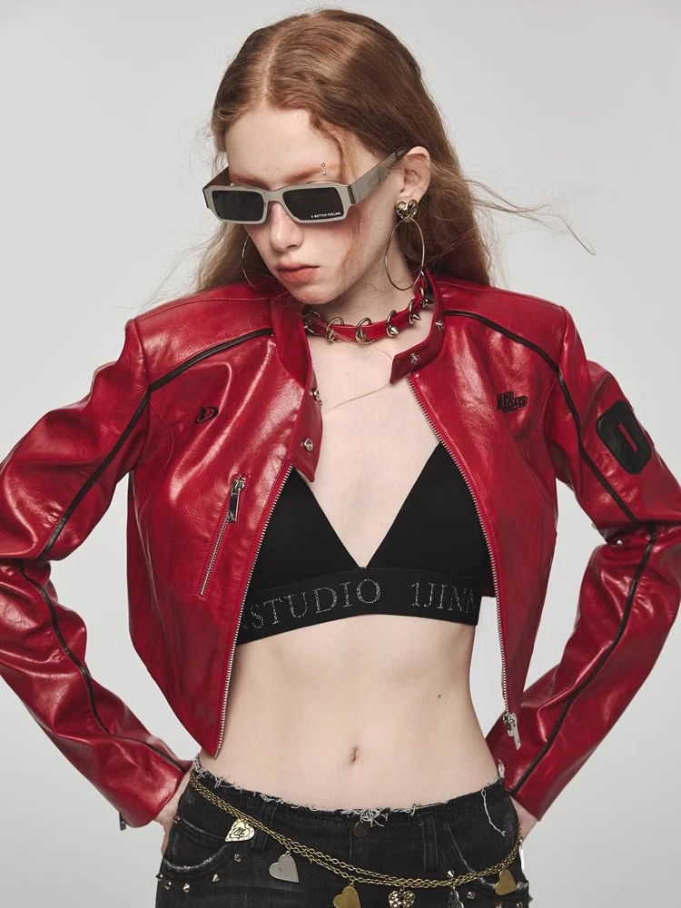 REDDACHiC PU Leather Cropped Jacket for Women Bomber Jacket Punk Moto Windbreaker Casual Long Sleeves Trench Coat Statue Outer