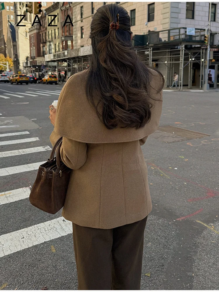 Zaza شيك شال سترة صوفية للنساء كم طويل واحدة الصدر التلبيب معطف الرأس 2025 جديد سيدة الخريف الشتاء أبلى