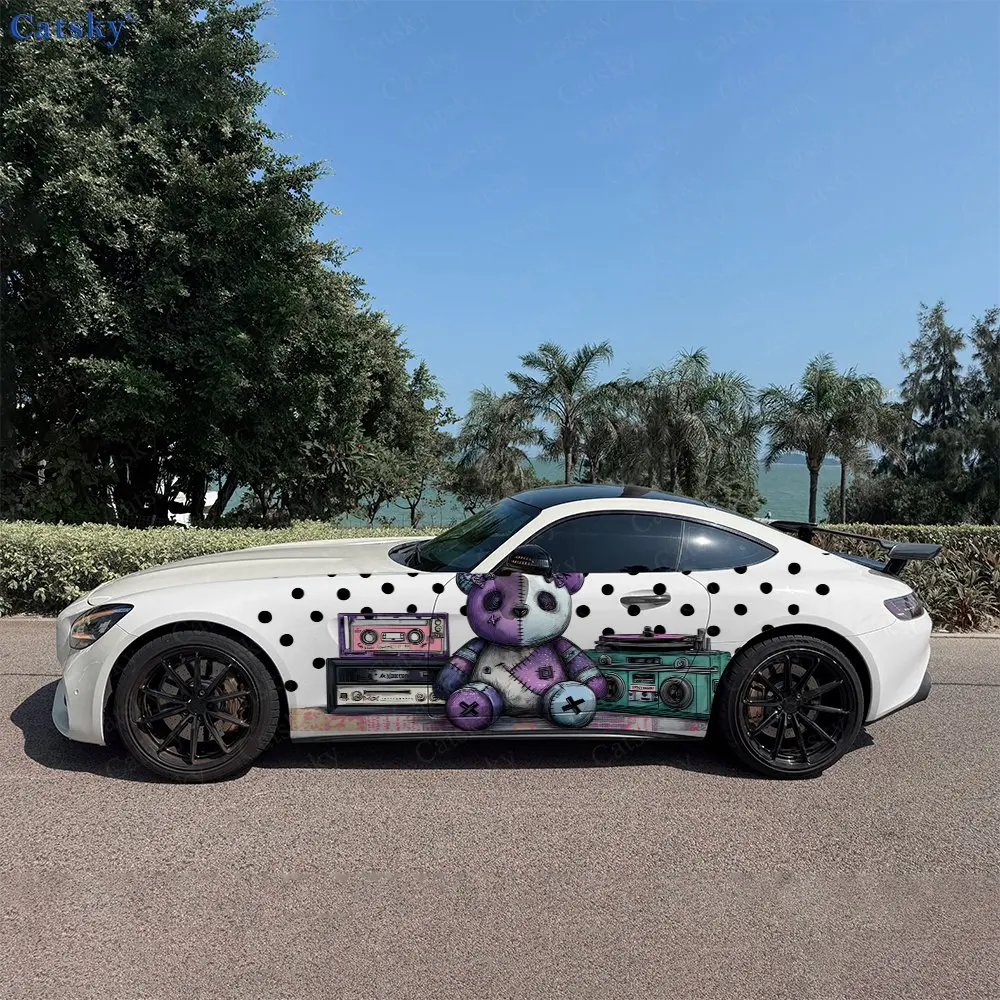 Retro Panda Beats Car Side Wraps, Self-Adhesive PVC Waterproof & Scratch-Resistant Stickers, Car Accessory Gift