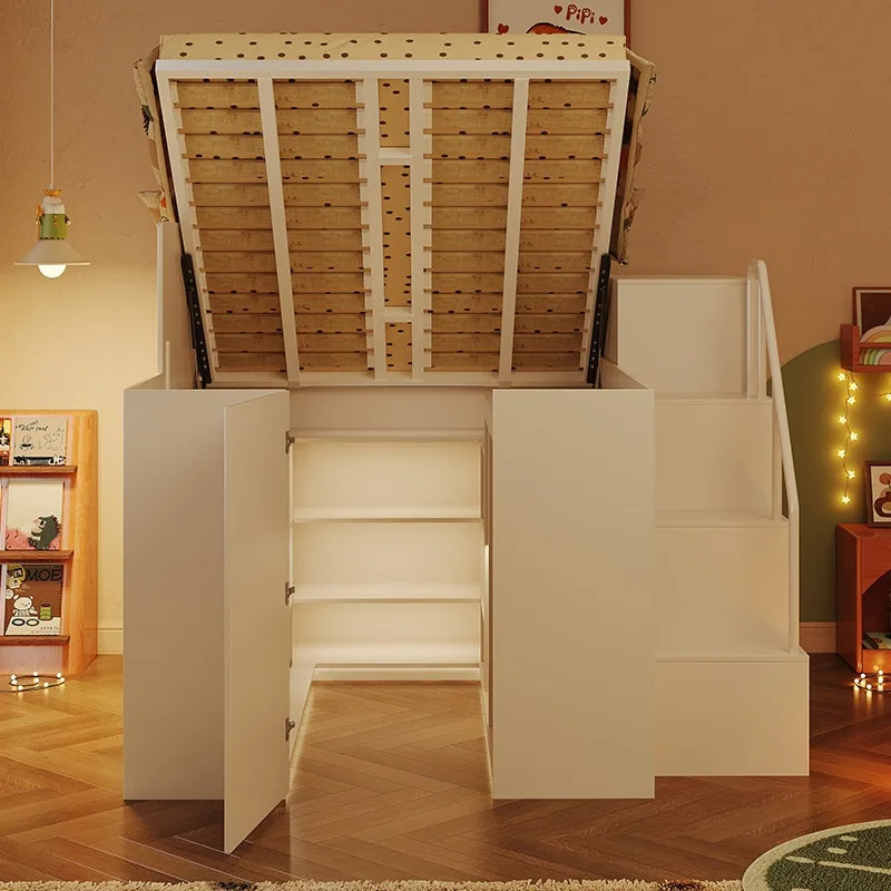 Go to bed and lower cabinet, half wardrobe with lamp, pneumatic rod elevated bed cloakroom bed integrated large locker