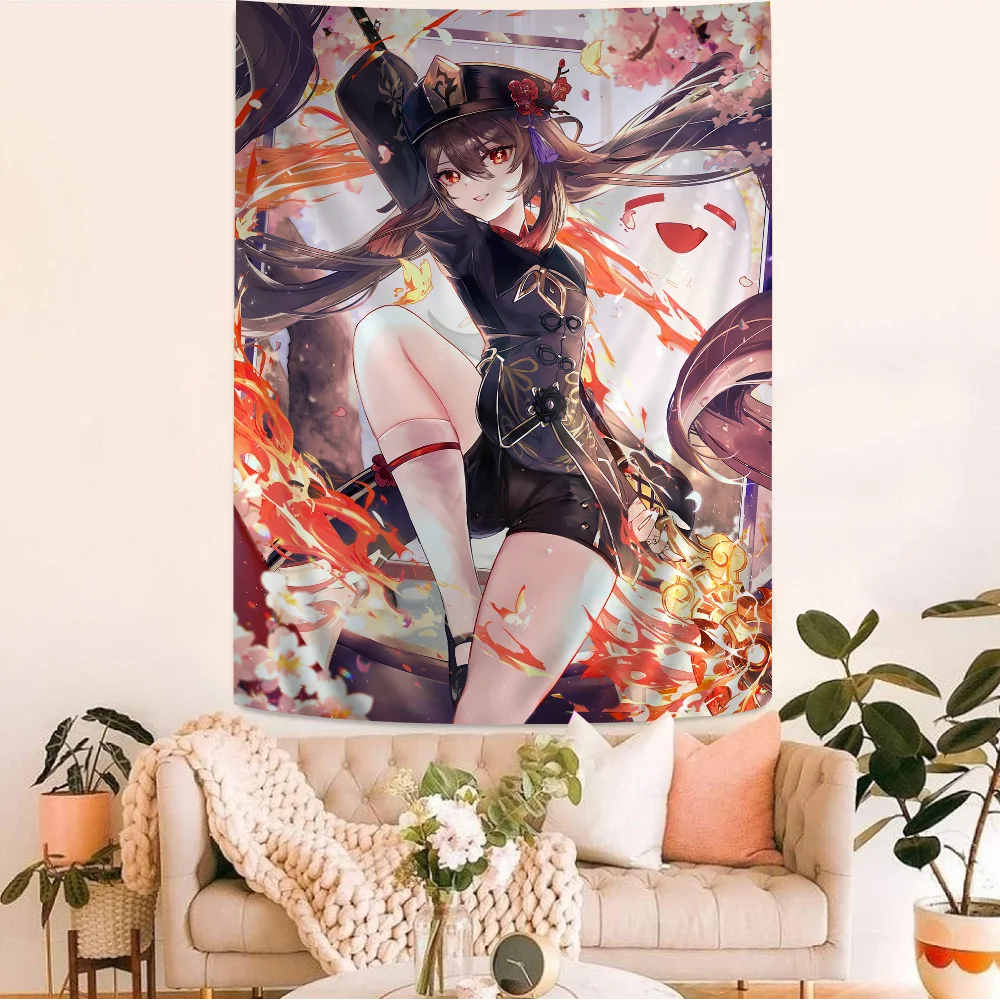 Genshin Impact Hu Tao Anime Cartoon Tapestry – Creative Art Piece, Ideal Wall Hanging Sheets for Sprucing Up Room & Home Decor