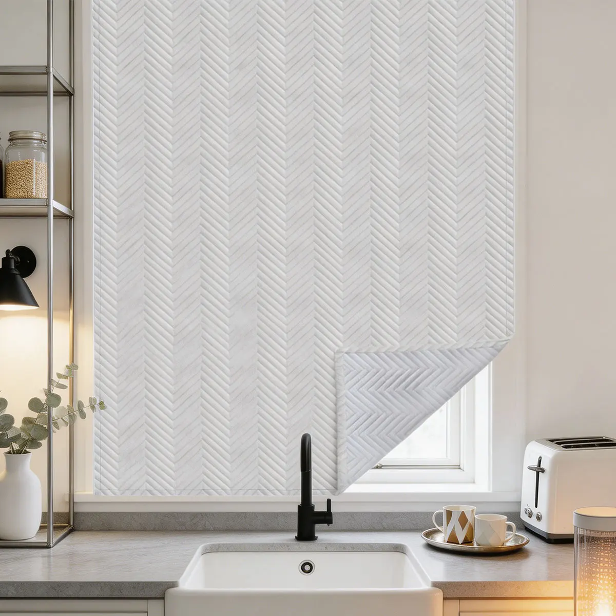 Magic Tape Self-Adhesive Thermal Curtain, Herringbone Quilted Cold Insulated Shade for Dorm Kitchen Decor