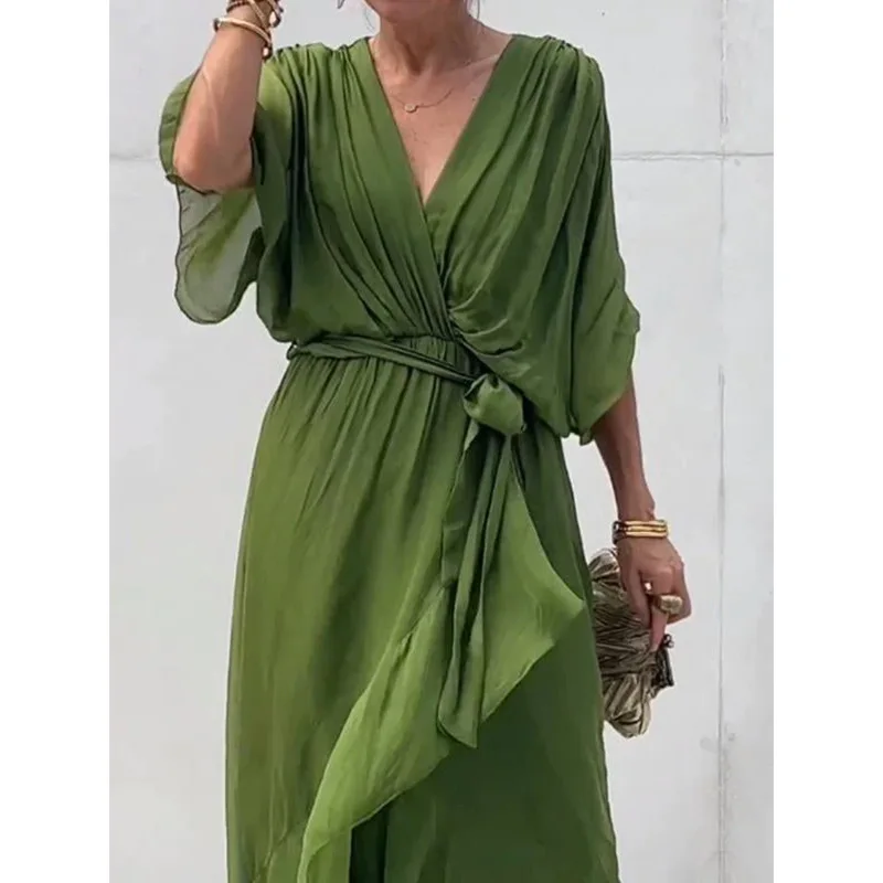 

New 2025 Women's Long Dress Pure Color Belted Batwing Sleeve Asymmetrical Large Size Dress Fashionable Gown