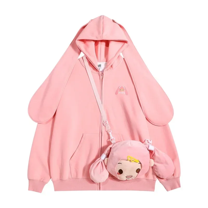 2024 New Hatsune Miku Original Design Cartoon Cute Rabbit Ear Cardigan Hooded Sweater Girl Autumn And Winter Zipper Plush Coat