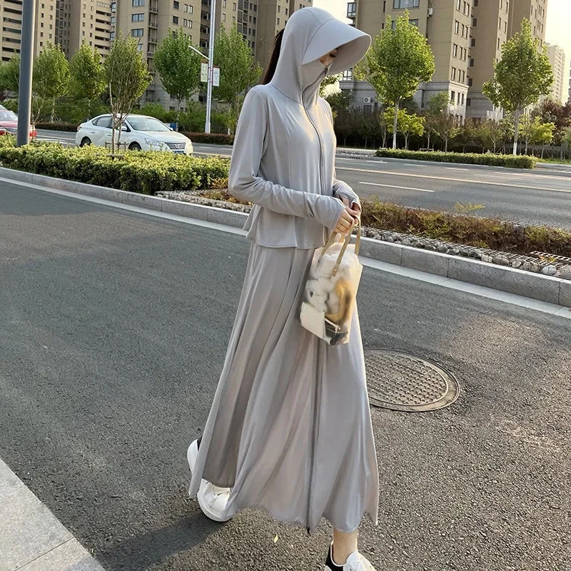 UPF 50+ Quick Dry Long Sleeve Shirts Womens Anti UV/Sun Protection Jackets Running Outdoor long Full-Body Coat Hooded Elasticity