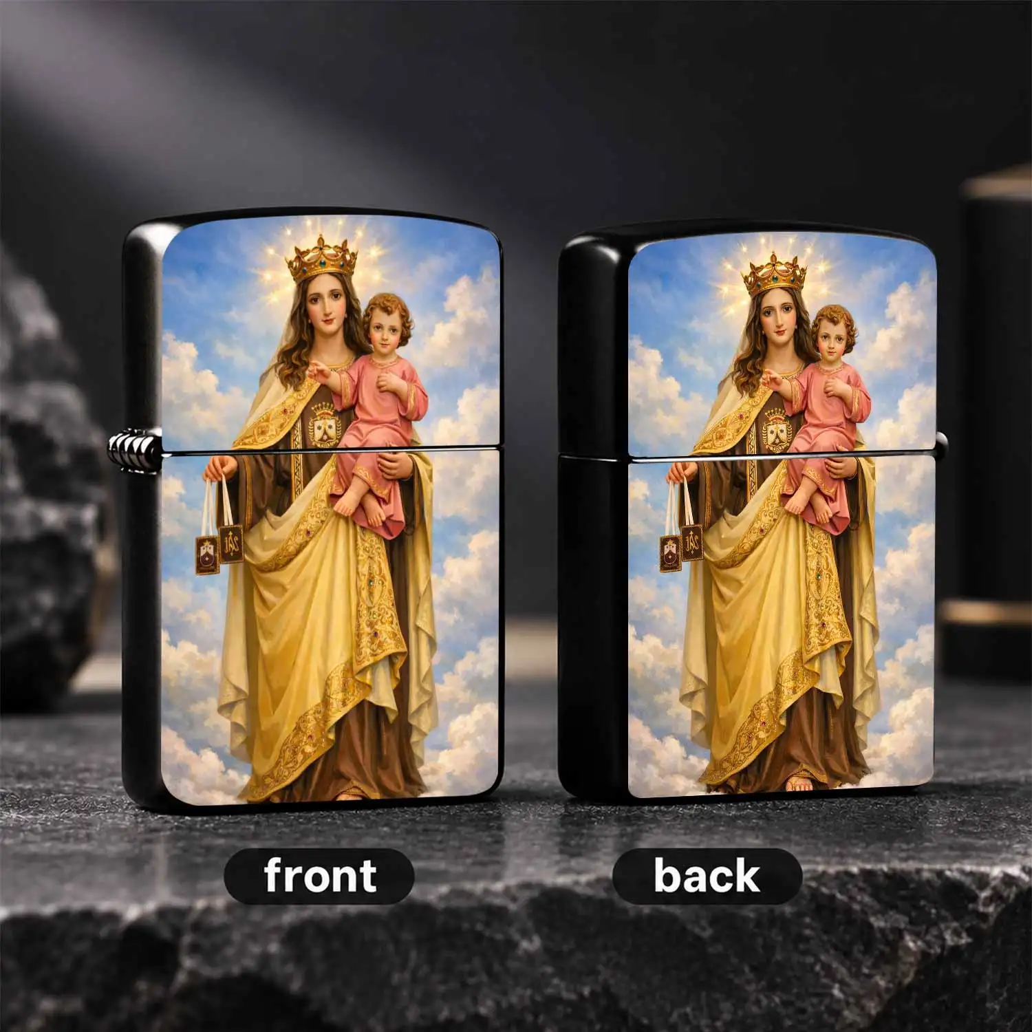 Our Lady of Mount Carmel Printed Lighter, Classic Holy Virgin Child Jesus Pattern Windproof Lighter, PORTABLE Durable Igniter, Exquisite Religious Themed Collectible Gift for Faith Believers Daily Use A Fun and Humorous Lighter