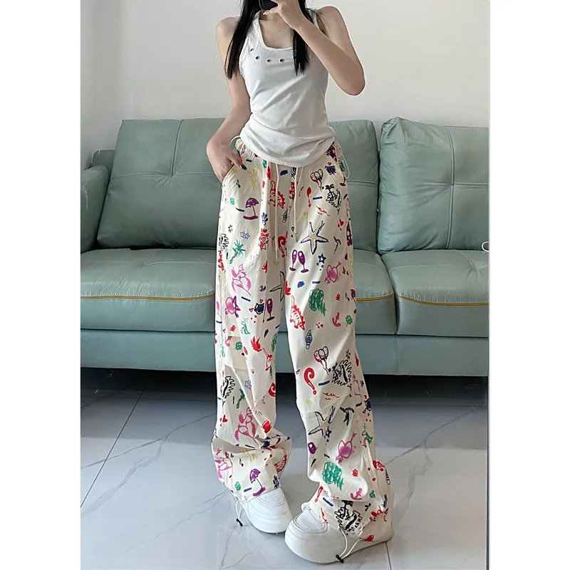 

WCFCX STUDIO Graffiti Print Cargo Pants American Vintage Women High Waist Straight Loose Y2k Wide Leg Pant Harajuku Chic Trouser