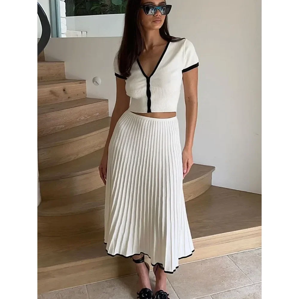 

Knitted Pleated 2 Pieces Sets Women V Neck Crop Top Long Skirt Suit Slim Fit Elegant Fashion Office Lady Outfits for Women 2024