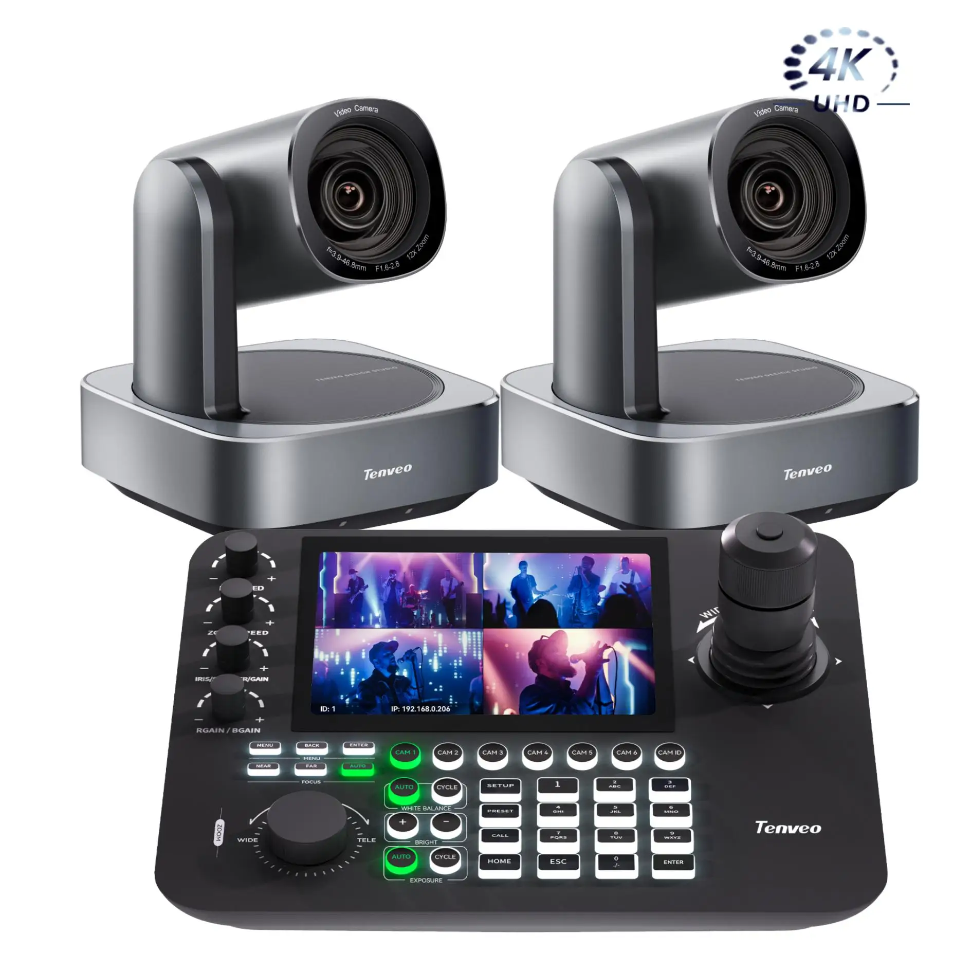 Tenveo 4k Ptz Camera Controller And 4-split Screen IP Joystick Controller 12x Zoom USB HDMI LiveStreaming Auto Tracking Camera