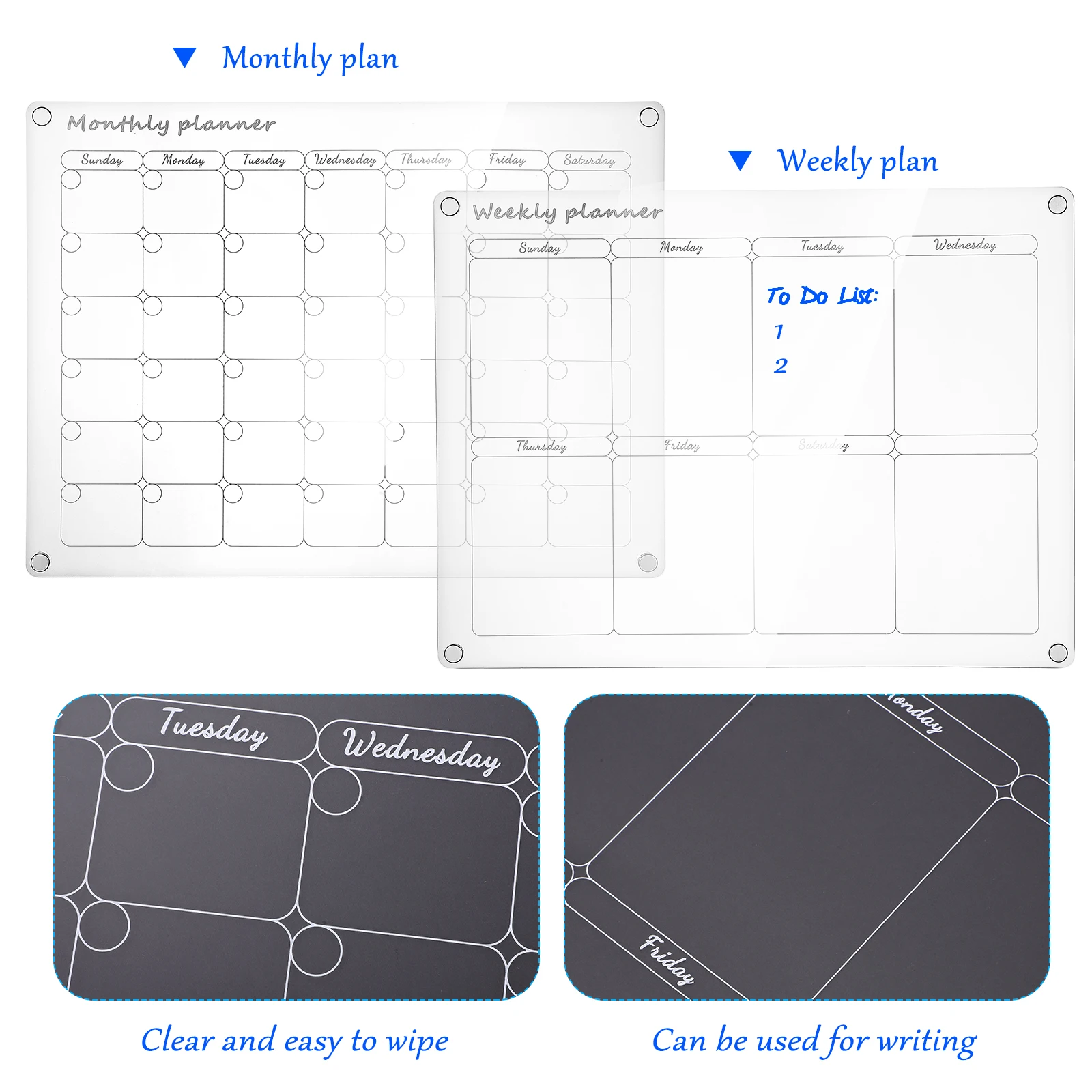 2pcs Monthly Weekly Schedule Planner Boards Acrylic Writing Board Erasable Wall Mounted Calendar Whiteboard