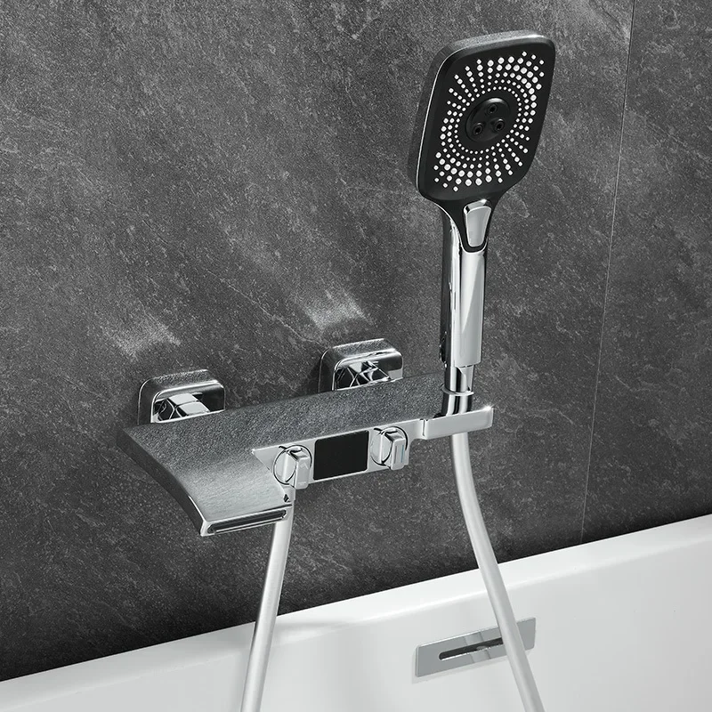 

Intelligent Digital Display Bathroom Shower Set Brass Wall mounted Waterfall Hot And Cold Mix Bathtub Faucet Gun Gray Shower Tap