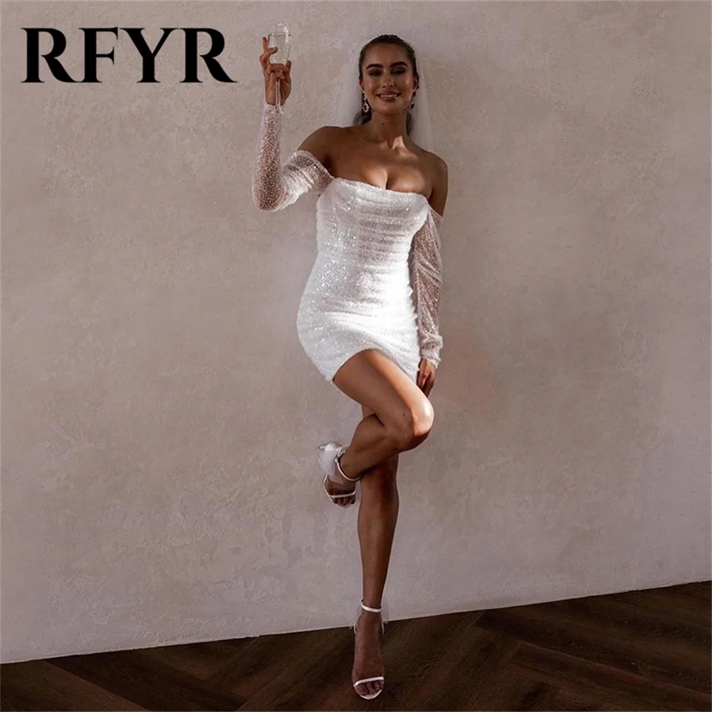 

RFYR Short Mermaid Wedding Dresses Glitter Bride Dresses Long Sleeve Prom Dress Sexy Boat Neck Beade Sequined Vestidos De Noche