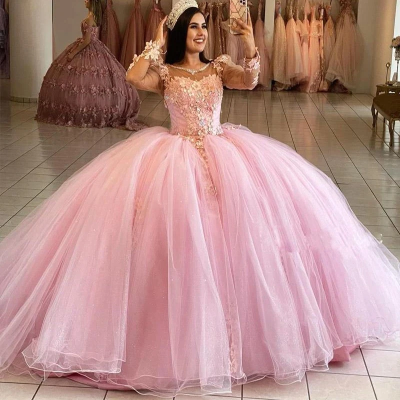 ANGELSBRIDEP Glittering Pink Quinceanera Dresses 3D Flowers Crystals Robes De Soirée Formal Birthday Party Ball Gown Corset