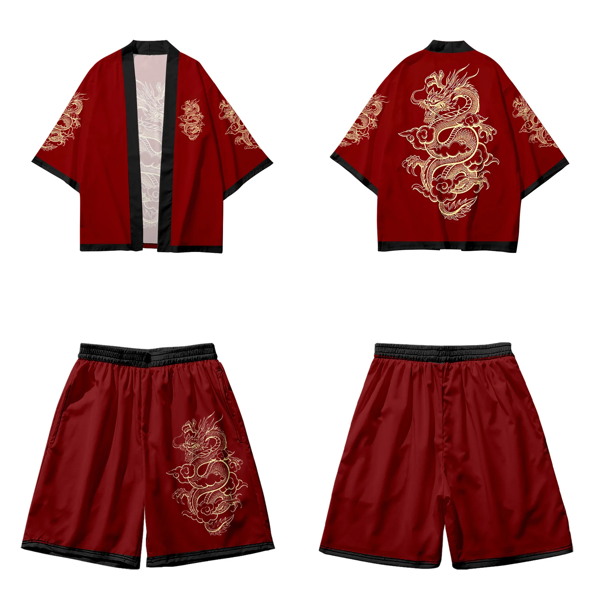 

Two-Piece Suit Japanese Cardigan Dragon Print Yukata Harajuku Red Kimono Shorts Sets Patchwork Men Cosplay Asian Traditional Top