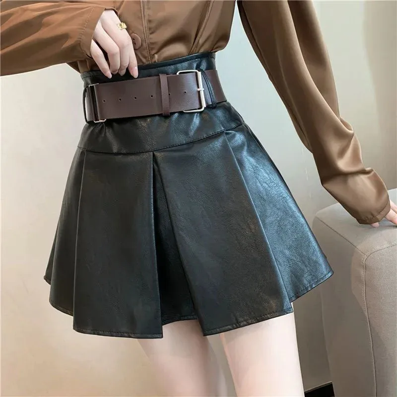 

Artificial Pu Leather Mini Skirt Women Fashion Korean High Waist Belt Black Pleated Skirts Y2K Summer Streetwear All-Match Skirt