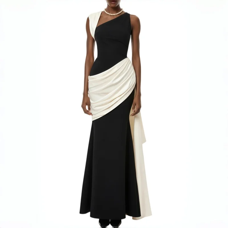 Customized Contrast Color Mermaid Special Occasions Events Pleat Matte Satin Formal Evening Gown Wedding Party Dress