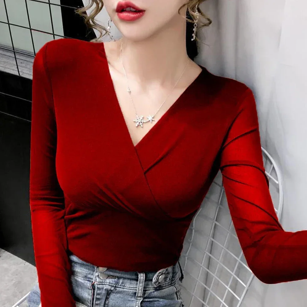 

Women Slim Stretch Transparent Shirt Sexy Elastic Tees S-3XL Basic Long Sleeve T-shirt Ladies V-Neck Tops A RAN A YUE