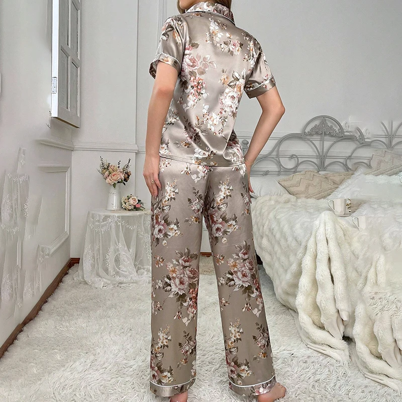 Pajama for Women Flower Print Satin Sleepwear Casual Home Clothes Autumn Short Sleeve Buttons Lapel Top&Pants Pajamas Loungewear