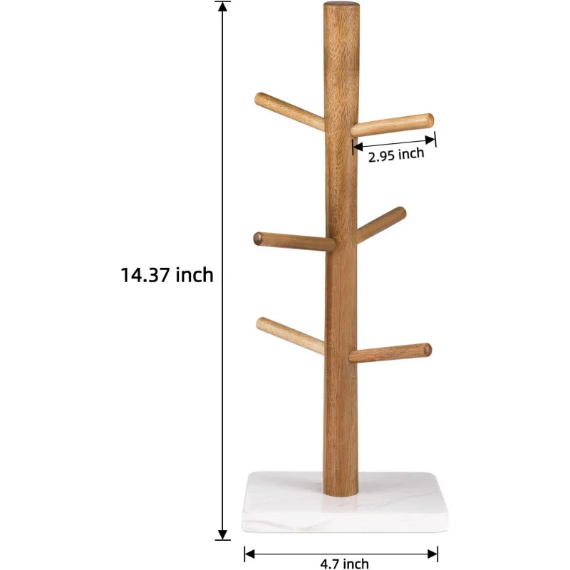 Wood Mug Holder, Marble Base Cup Rack Tree, Stand Hanger, Kitchen Coffee Countertop Tea Cups